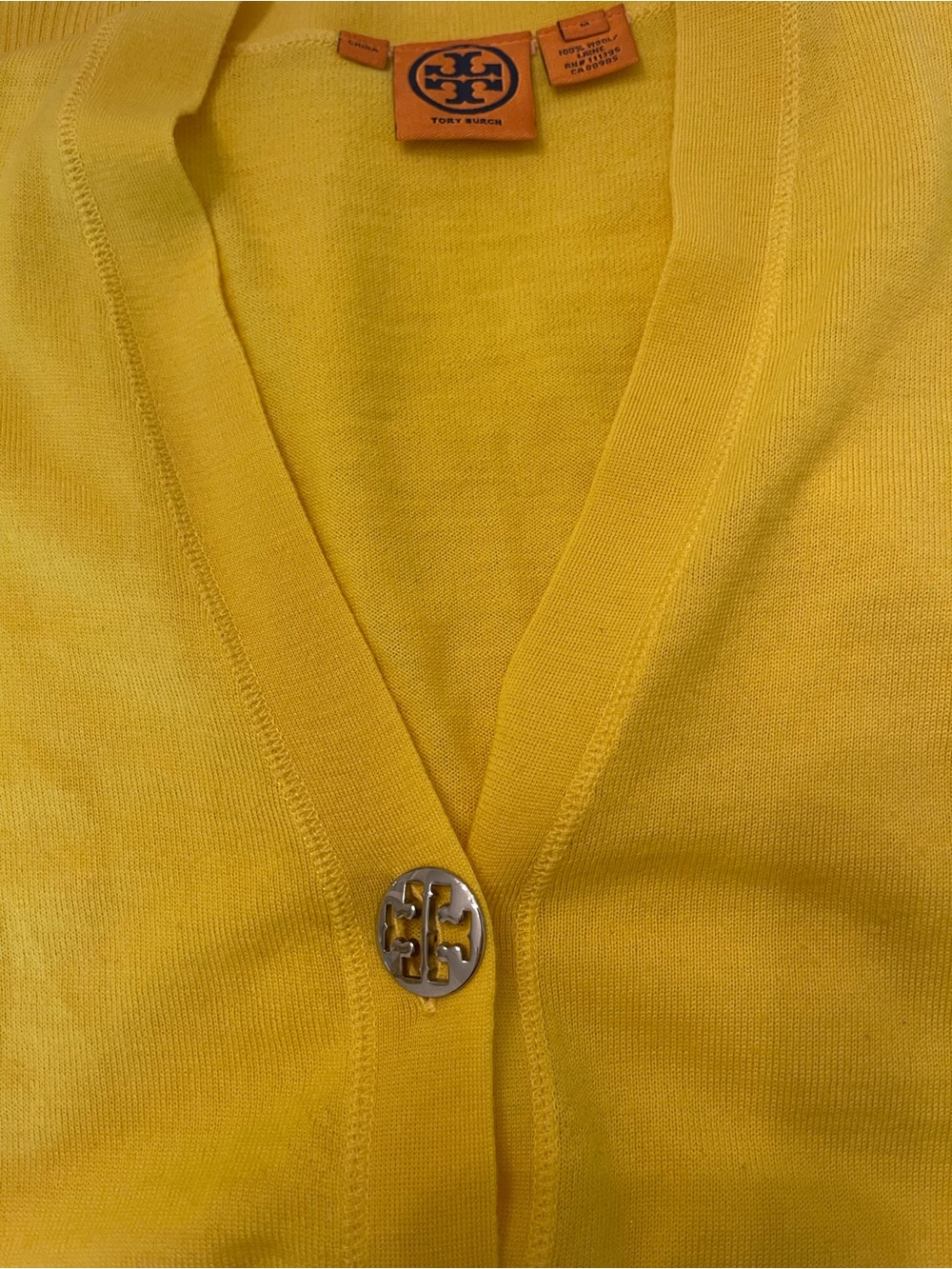 Tory Burch Sunny Yellow 100% Wool V-Neck Logo-Button Cardigan